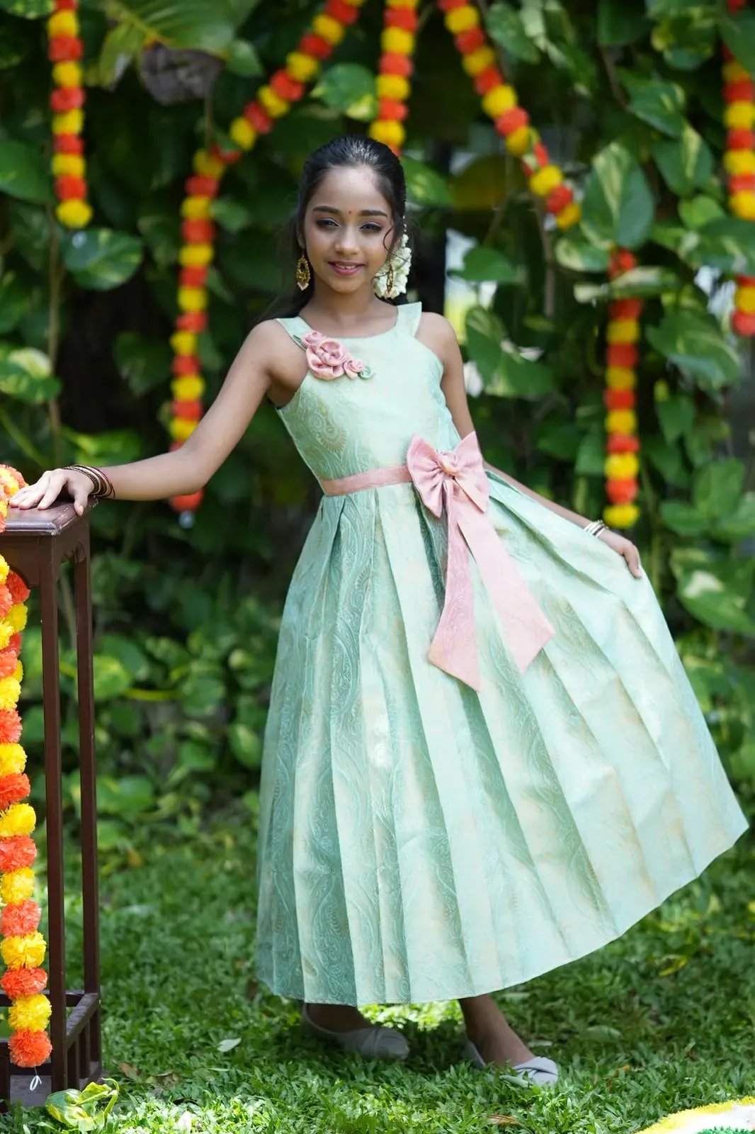 Coral Blue Brocade Dress Frock view 3